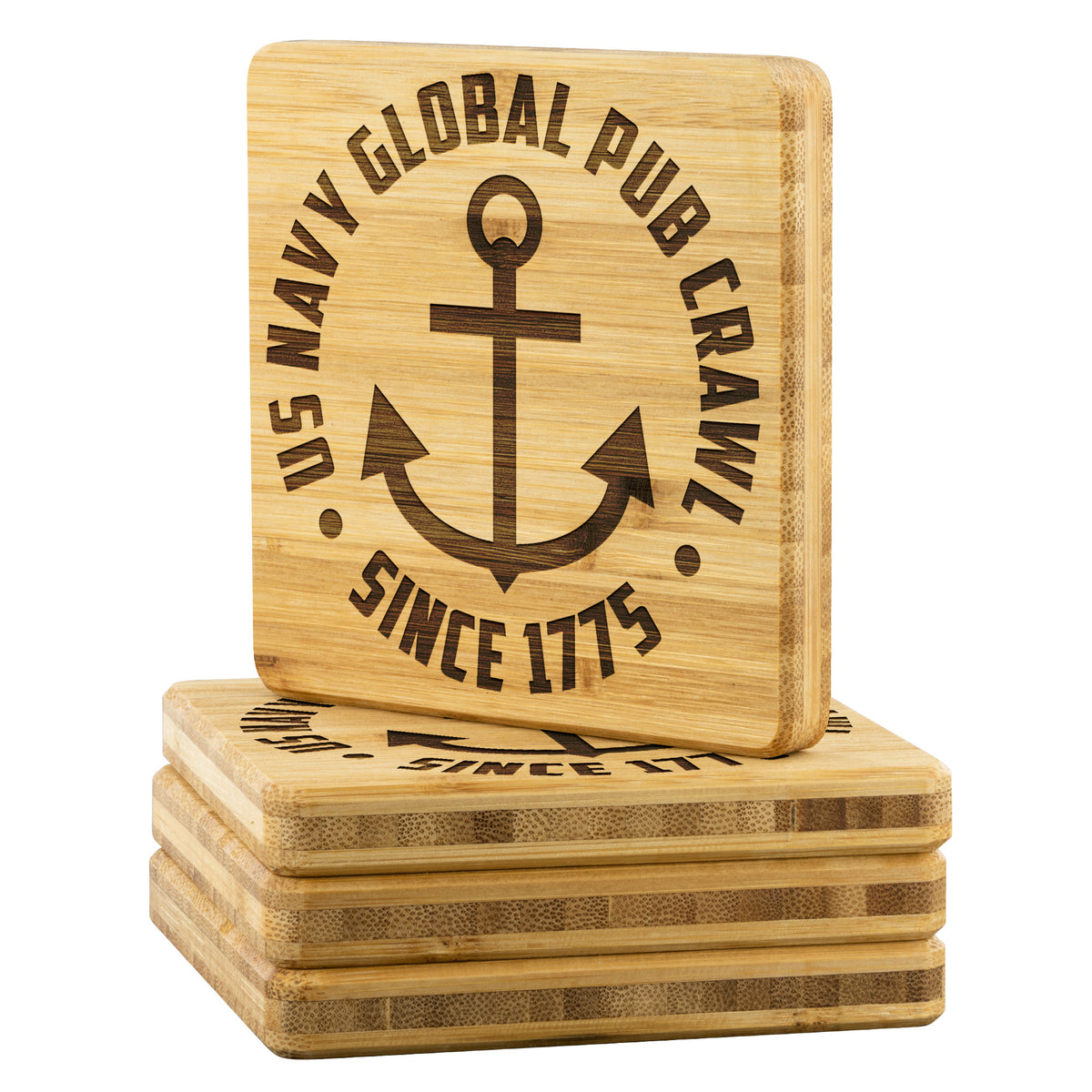 High Quality Bamboo With Laser Etched US Navy Global Pub Crawl Round Design Coasters